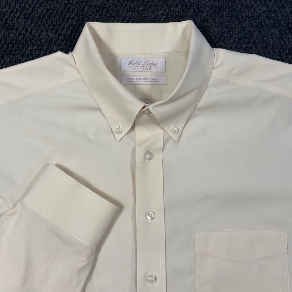Roundtree & Yorke Gold Label Dress Shirt Pinpoint Oxford Men 17.5 34 Cream